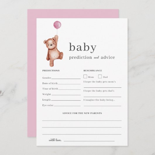 Teddy Bear Pink Prediction and Advice Baby shower Kaart (Voorkant / Achterkant)