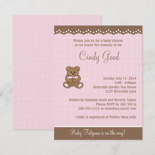 Teddy Bear Pink Small Invitation Kaart (Voorkant / Achterkant)