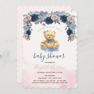 Teddy Bear Pink Stripes Baby shower Kaart