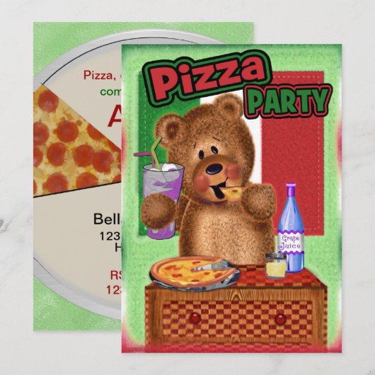 Teddy Bear Pizza Birthday Party Kaart (Voorkant / Achterkant)
