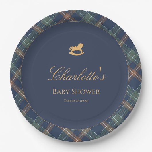 Teddy Bear Plaid Boy Baby Shower Paper Plate Papieren Bordje (Voorkant)