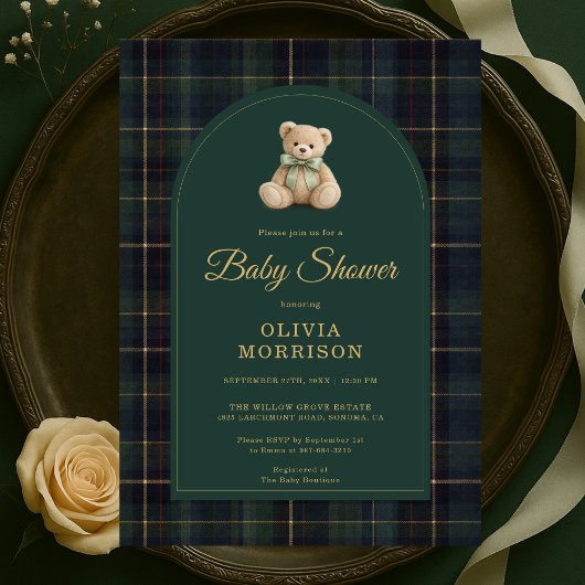 Teddy Bear Plaid Green Blue Tartan Baby Shower Kaart