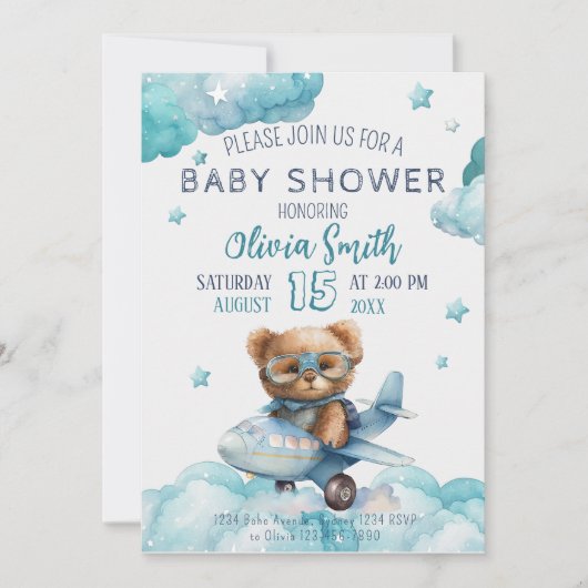 Teddy Bear Plane Barly Wait Baby shower Kaart (Voorkant)