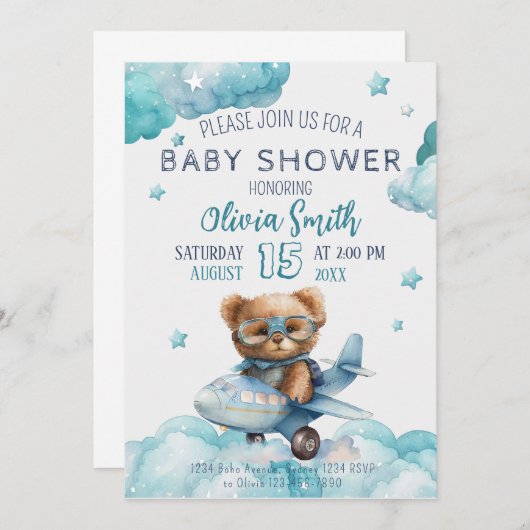 Teddy Bear Plane Barly Wait Baby shower Kaart (Voorkant / Achterkant)