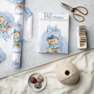 Teddy Bear Policeman Boy Blue Baby shower Cadeaupapier