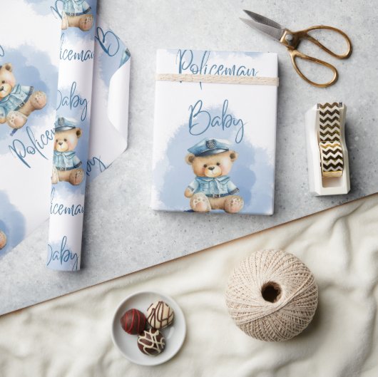 Teddy Bear Policeman Boy Blue Baby shower Cadeaupapier (Crafts)