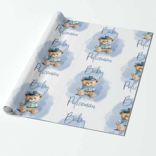Teddy Bear Policeman Boy Blue Baby shower Cadeaupapier (Uitgerold)