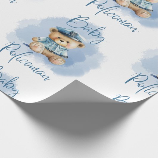 Teddy Bear Policeman Boy Blue Baby shower Cadeaupapier (Hoek)