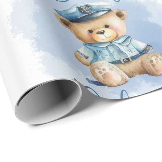 Teddy Bear Policeman Boy Blue Baby shower Cadeaupapier (Rol Hoek)