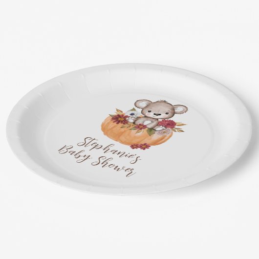 Teddy Bear Pompoen Herfst Bloemen Baby shower Papieren Bordje (Gekanteld)