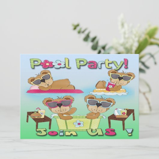 Teddy Bear Pool Party-uitnodigingen Kaart (Staand voorkant)