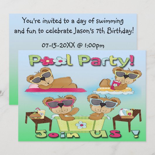 Teddy Bear Pool Party-uitnodigingen Kaart (Voorkant / Achterkant)