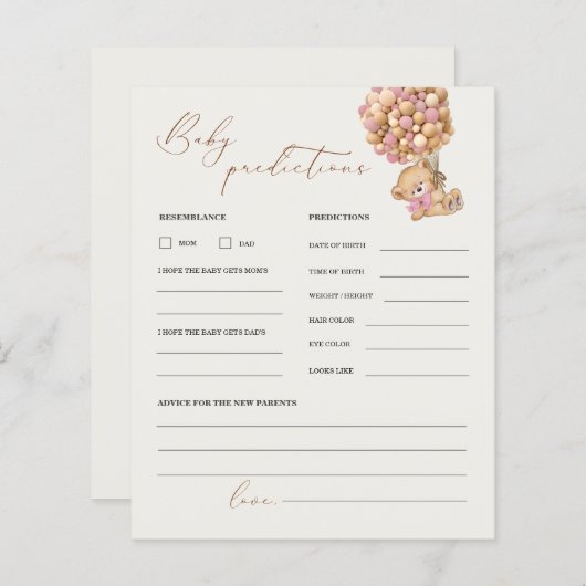 Teddy Bear Predications and Advice Baby shower Gam (Voorkant / Achterkant)