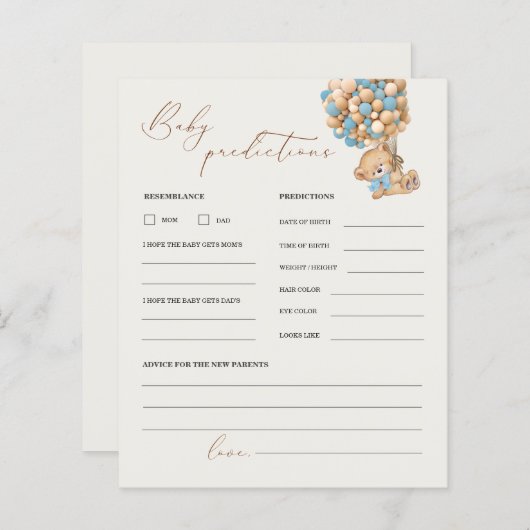 Teddy Bear Predications and Advice Baby shower Gam (Voorkant / Achterkant)