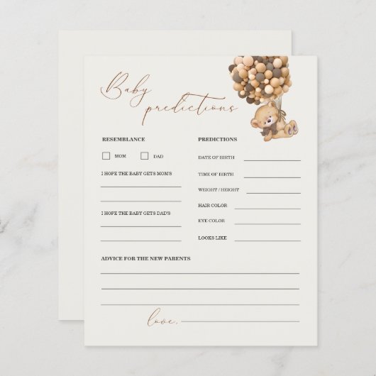 Teddy Bear Predications and Advice Baby shower Gam (Voorkant / Achterkant)