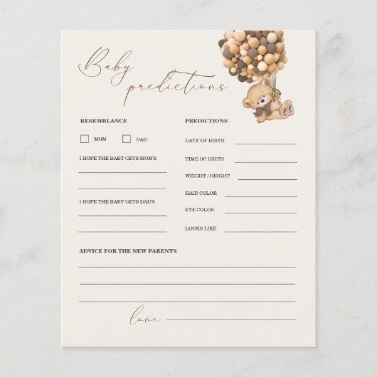 Teddy Bear Predications and Advice Baby shower Gam (Voorkant)