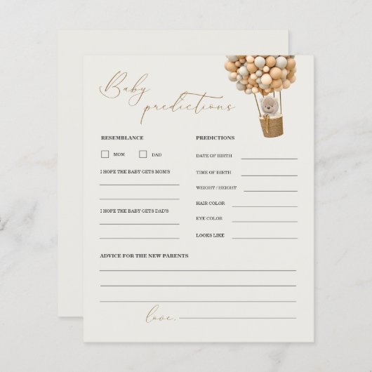 Teddy Bear Predications and Advice Baby shower Gam (Voorkant / Achterkant)