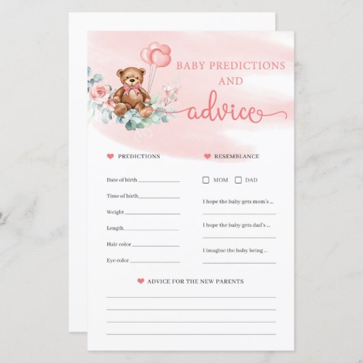 Teddy Bear Predications and Advice Kaart Game (Voorkant / Achterkant)