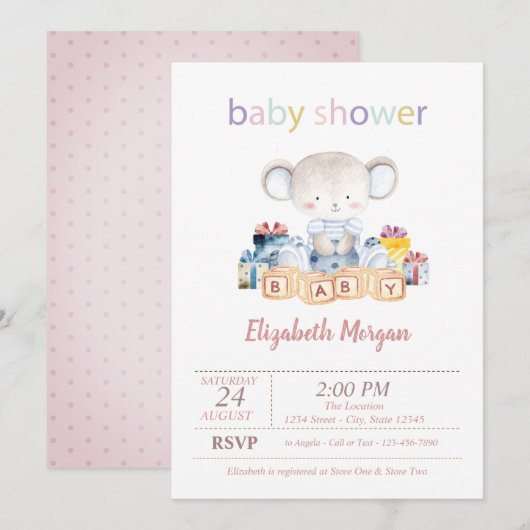 Teddy Bear Presents Dots Baby Shower Kaart (Voorkant / Achterkant)