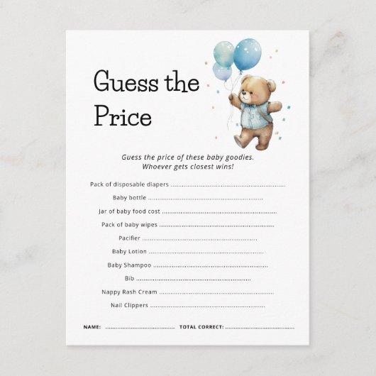 Teddy Bear Raad de prijs Baby shower spel Kaart (Voorkant)