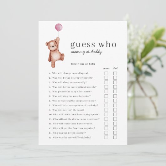Teddy Bear Raad Wie Meisje Baby shower Spel Kaart (Staand voorkant)