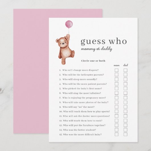 Teddy Bear Raad Wie Meisje Baby shower Spel Kaart (Voorkant / Achterkant)