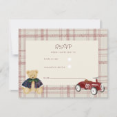 Teddy Bear Race Car Plaid Baby Shower RSVP Card (Voorkant)