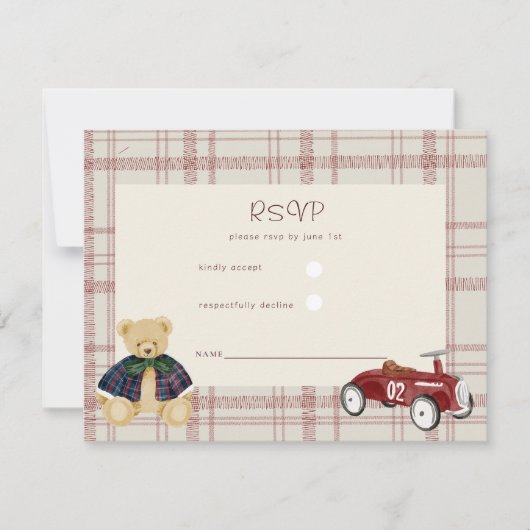 Teddy Bear Race Car Plaid Baby Shower RSVP Card (Voorkant)