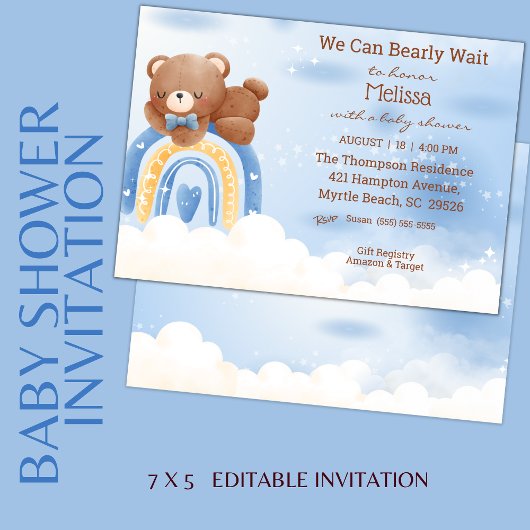 Teddy Bear Rainbow Boys Baby shower Kaart