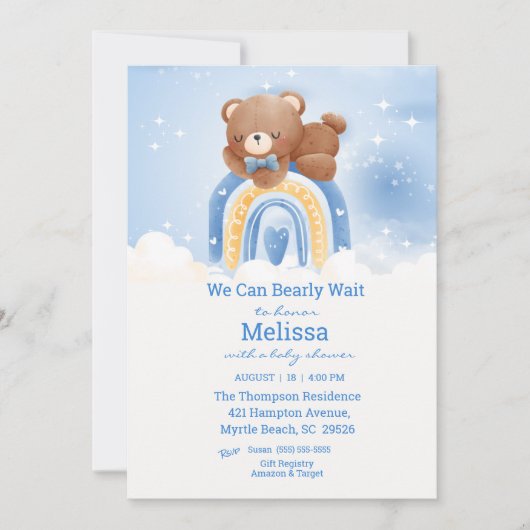 Teddy Bear Rainbow Boys Baby shower Kaart (Voorkant)