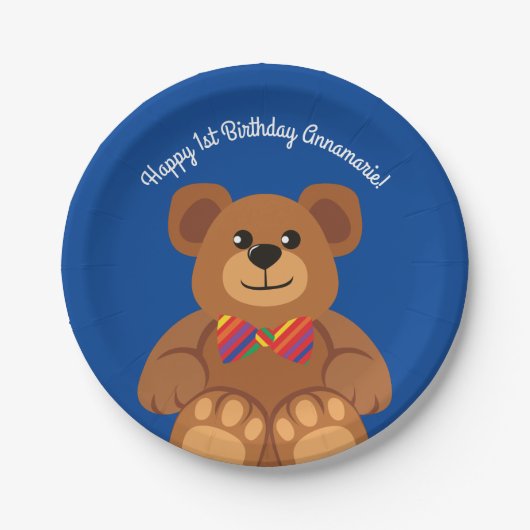 Teddy Bear Rainbow Cute 1e verjaardag Papieren Bordje (Voorkant)