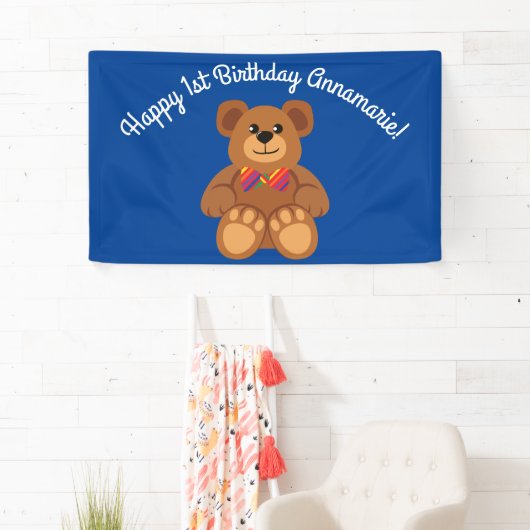 Teddy Bear Rainbow Cute 1e verjaardag Spandoek (Insitu)