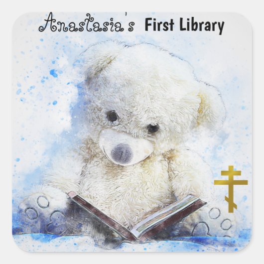 Teddy Bear Reading Orthodox Christelijk Bookplaat Vierkante Sticker (Voorkant)