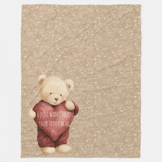 Teddy Bear Red Heart Gold Glitter Fleece Deken (Voorkant)