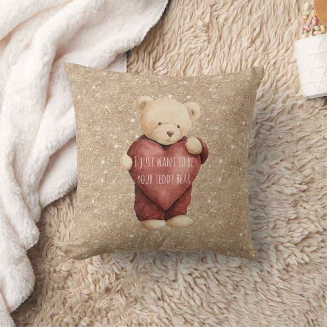 Teddy Bear Red Heart Gold Glitter Kussen (Deken)