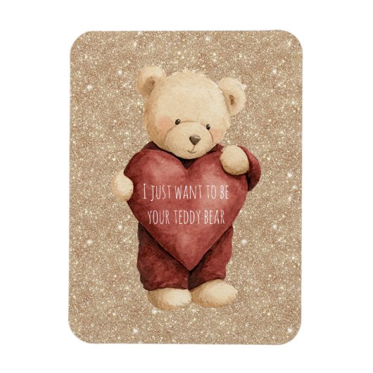 Teddy Bear Red Heart Gold Glitter Magneet (Verticaal)