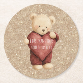Teddy Bear Red Heart Gold Glitter Ronde Kartonnen Onderzetter