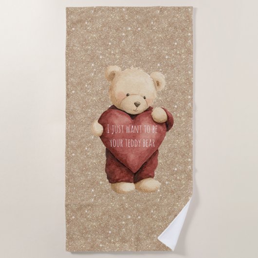 Teddy Bear Red Heart Gold Glitter Strandlaken (Voorkant)