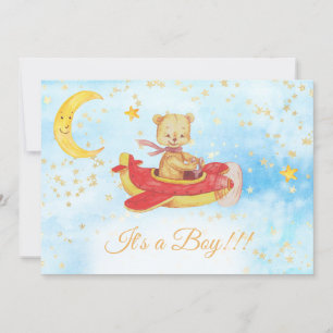 * Teddy Bear Red Plane Baby Stars Jongensdouche Kaart
