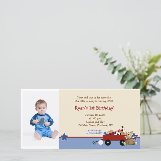 Teddy Bear Red Wagon 8x4 Birthday-fotokaart (Staand voorkant)