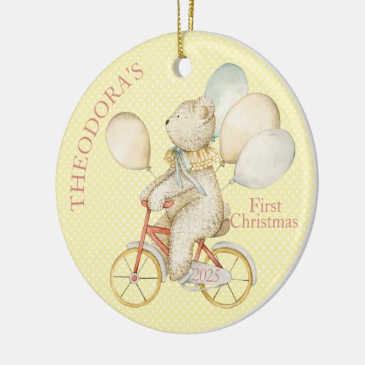 Teddy Bear Ride Bike Baby's First Keramisch Ornament (Links)