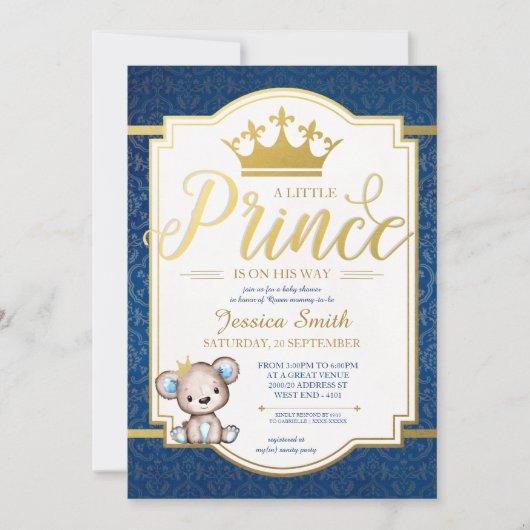 Teddy Bear Royal Prince Baby shower Uitnodiging (Voorkant)