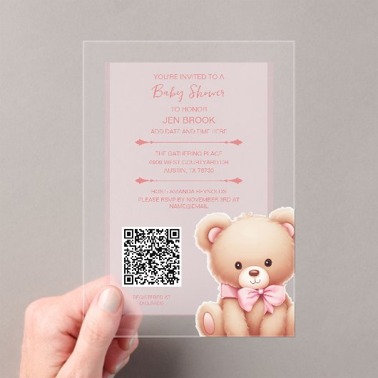 Teddy Bear Roze Baby shower Acryluitnodiging Acryl Uitnodigingen (Insitu (Draagbaar))