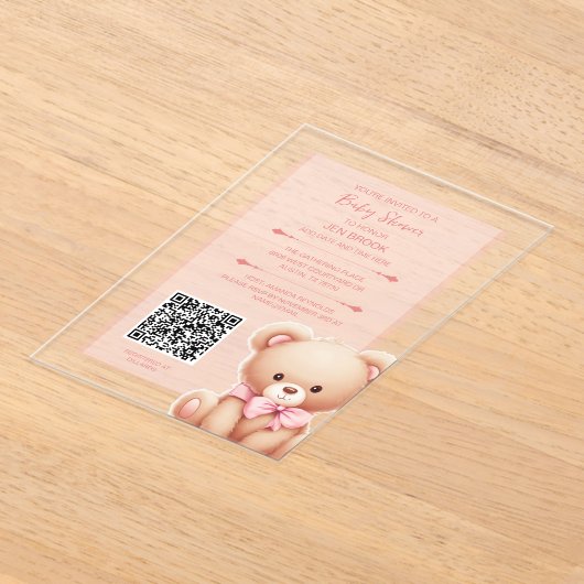 Teddy Bear Roze Baby shower Acryluitnodiging Acryl Uitnodigingen (Laagn)