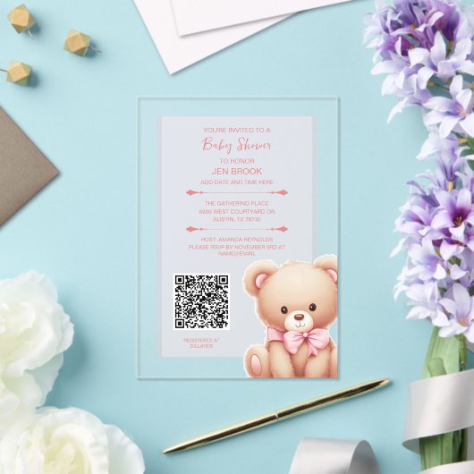 Teddy Bear Roze Baby shower Acryluitnodiging Acryl Uitnodigingen (Insitu (Huwelijk))