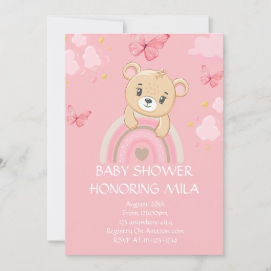 TEDDY BEAR ROZE BABY SHOWER UITNODIGING (Voorkant)