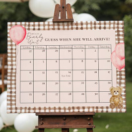 Teddy Bear Roze Baby shower Vervaldatum Kalender Poster