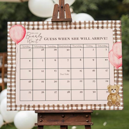 Teddy Bear Roze Baby shower Vervaldatum Kalender Poster