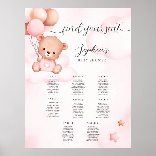 Teddy Bear Roze Baby shower Zitkaart Poster (Voorkant)