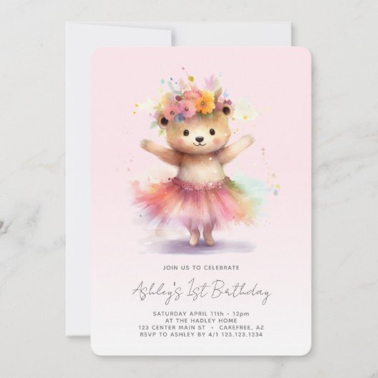 Teddy Bear Roze Ballerina 1e Verjaardag Kaart (Voorkant)